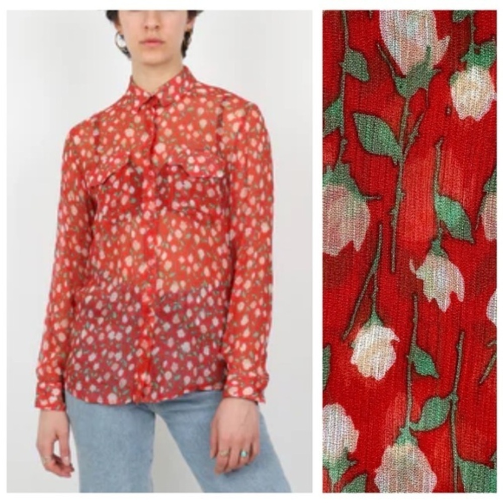 The Kooples Red Floral Print Sheer Button Down Shirt L